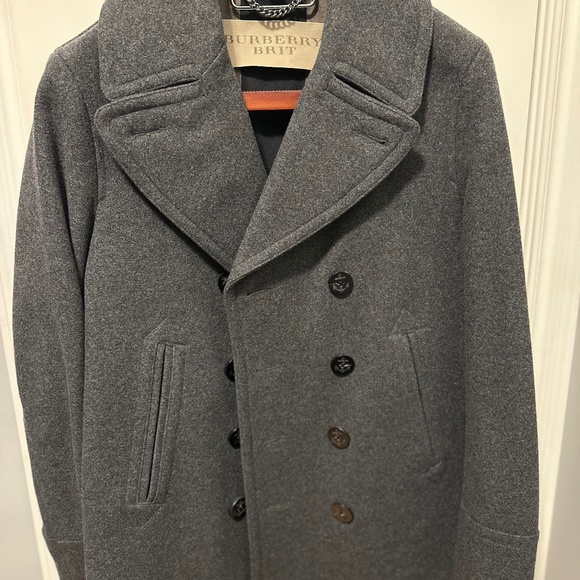 Burberry Brit Eckford Double Breasted Wool Peacoat Gray Large 42R, Free Ship - Picture 1 of 8